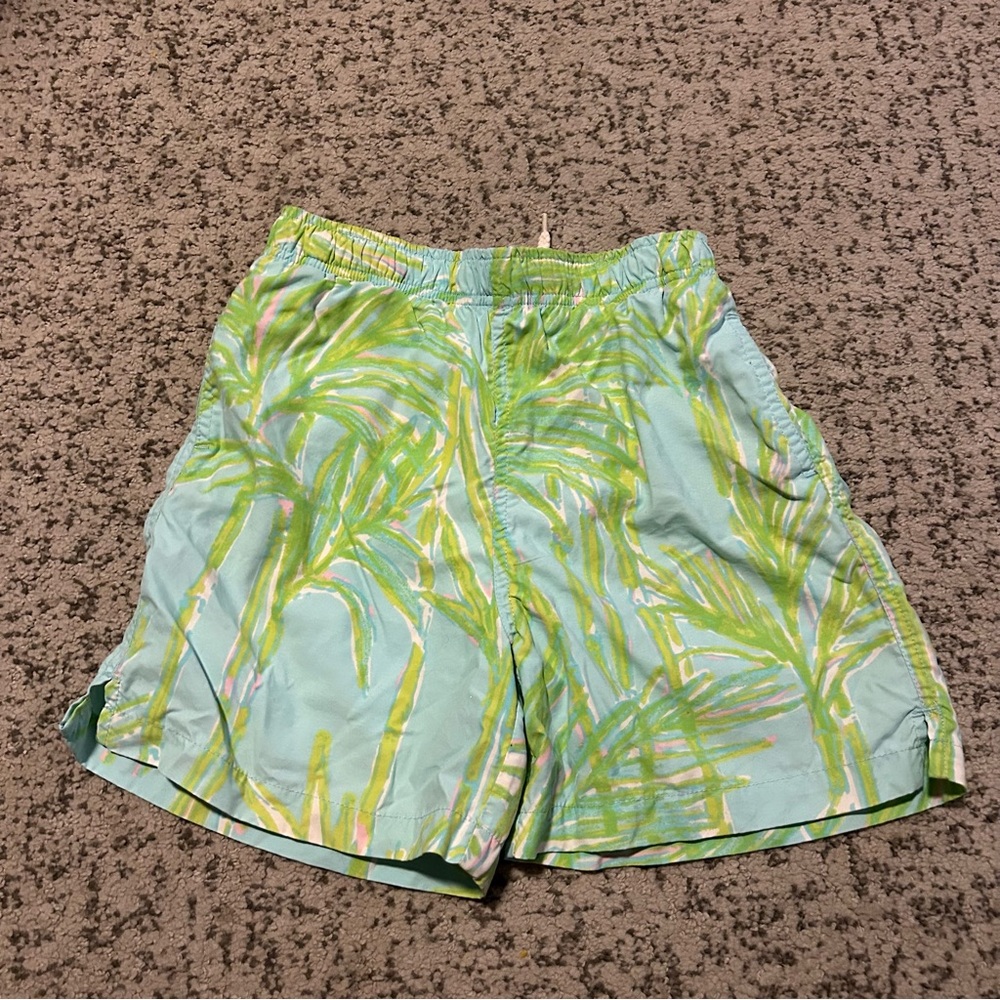 Lilly Pulitzer Blue & Green Palm Tre Print Jr Capri Trunks Size Medium Boys